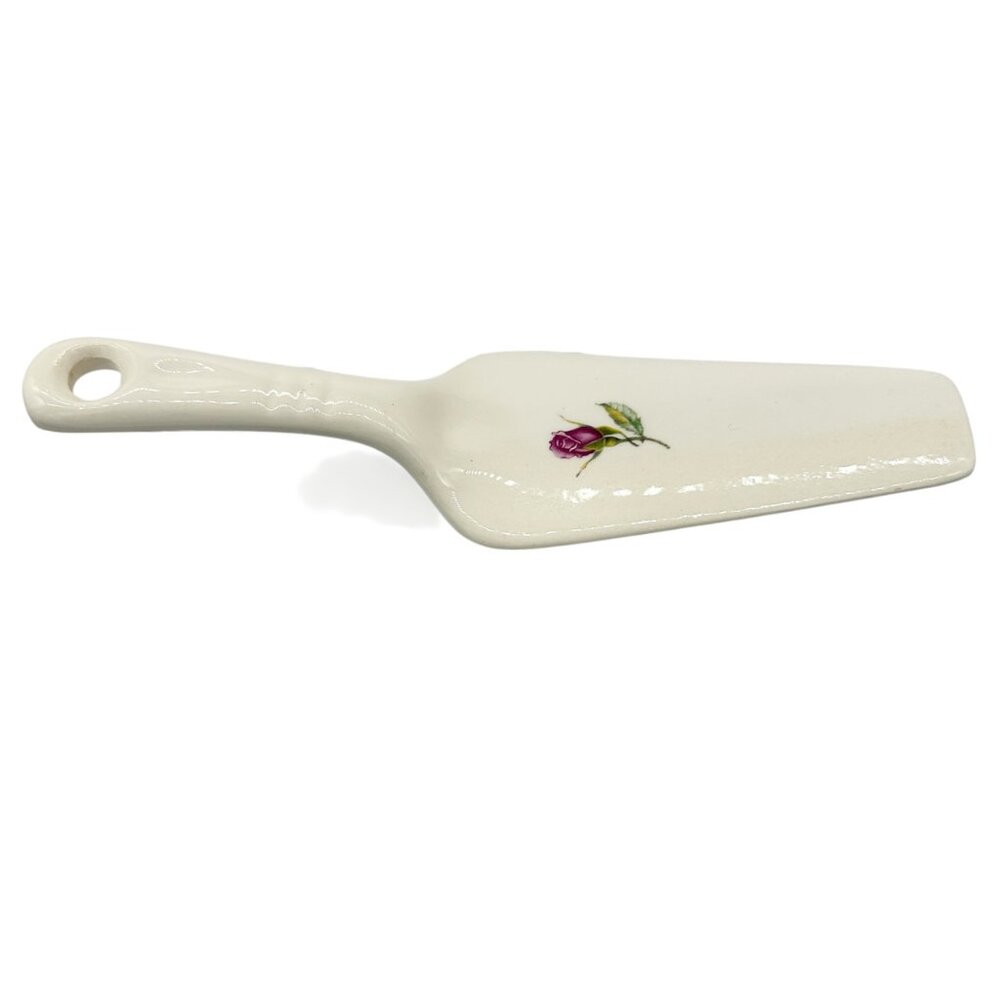 Vintage White Ceramic Cake Server With Pink Rose Design 9 inches Long